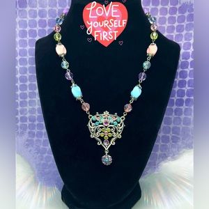 Silver-Tone Heart Scroll Pendant Bejeweled Pastel Rhinestones & Beading Necklace